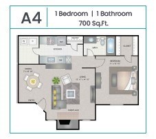 Floor plan for 1 bed, 1 bath, 700 sqft